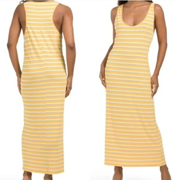 Zara Ribbed Racerback Maxi Tank Dress - Yellow, White, Tan Stripes - Picture 1 of 5